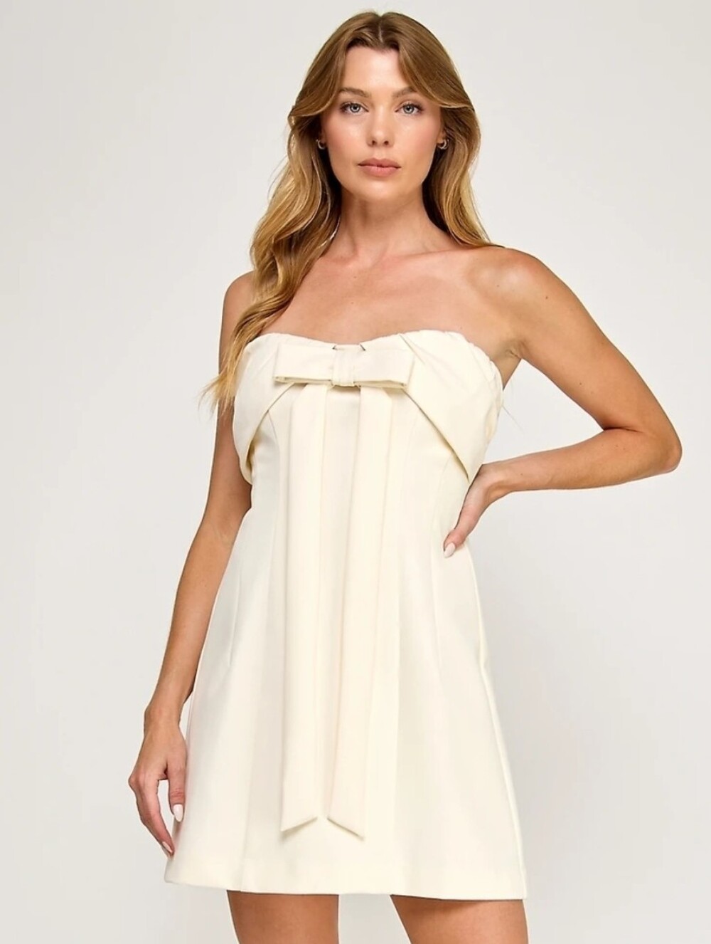 Seni & Cade Strapless Cream Bow-Front Mini Dress Juniors Size 3/5 S